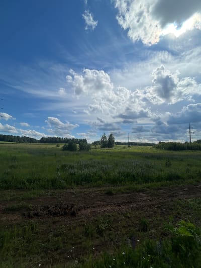 The image depicts a rural landscape under a partly cloudy blue sky. In the foreground, there is a dirt track. Beyond the track lies a field of green grass with scattered wildflowers. In the middle ground, a treeline forms a dark border across the horizon. Two tall electrical towers are visible in the distance, one to the left of center and another to the right. The sun is partially obscured by clouds, creating dynamic lighting conditions. The scene appears to be located in the vicinity of the village of Verkh-Rozhdestvo, Russia, judging by the architectural and environmental cues. There are no people or animals visible in the frame.