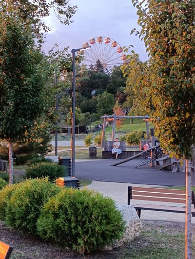 In Kelermesskaya, Russia, an outdoor park scene unfolds with a Ferris wheel prominently visible in the distance against a twilight sky. The park features a playground with swings and climbing structures. A woman is seated on a wooden bench, looking towards the left. Several trees and meticulously maintained bushes are scattered throughout the park. The scene also includes streetlights and trash receptacles, indicating a public recreational space.