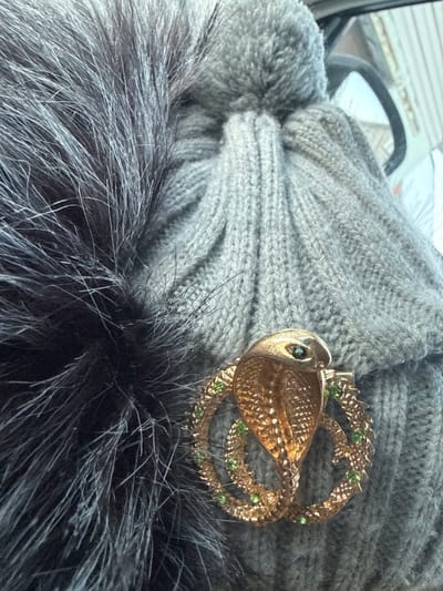 A close-up image depicts a person wearing a gray knitted hat, observed from a slightly elevated perspective, within what appears to be a vehicle in Bilimbay, Russia. The hat features a ribbed knit pattern and a prominent dark gray fur element, possibly a pom-pom or trim, positioned on the wearer's left side. A metallic, gold-colored brooch is affixed to the right side of the hat. The brooch is shaped like a coiled cobra, with its head raised. The cobra's eyes are represented by two distinct green gemstones, and its body is encrusted with numerous smaller green gemstones. The background is out of focus, showing blurry light reflections consistent with an interior view facing outwards, likely through a vehicle window.