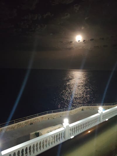 A nighttime photograph captures a view of the sea under a full moon, with a paved pathway and a white balustrade in the foreground. The moon is visible in the upper center of the frame, partially obscured by clouds, casting a shimmering reflection on the dark water. The pathway, lined with a stone wall and a wooden fence, curves gently towards the sea. The balustrade, illuminated by soft lights, runs along the edge of the pathway, providing a safety barrier. The scene appears to be located in a coastal area, possibly a promenade or a viewing area in the city of Cales De Mallorca, Spain.