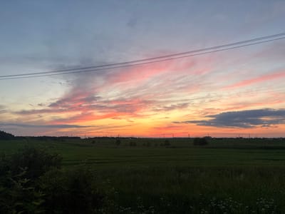 The image depicts a rural landscape at dusk, featuring a vibrant sunset over a field in Telezi, Russia. The sky is a dramatic canvas of colors, with hues of pink, orange, and yellow streaking across the clouds. Power lines are visible stretching across the upper portion of the frame. In the foreground, a lush green field stretches towards a distant treeline. The field is populated by scattered trees and in the far distance, industrial structures and power pylons are visible on the horizon. The lighting suggests it is late evening, with the sun having recently set. There are no people or animals visible in the scene. The environment is calm and natural, with a slight breeze implied by the movement of the clouds.