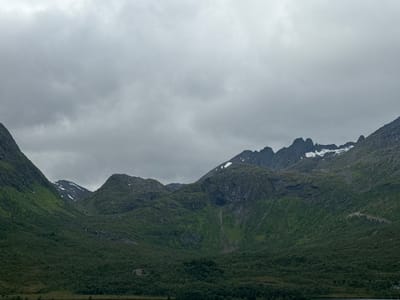The image depicts a wide, panoramic view of a mountainous landscape under a cloudy sky. The foreground is dominated by dark green, densely wooded slopes that rise steeply. These slopes transition into rugged, rocky mountains in the background, some of which are partially covered in snow. The overall color palette is muted, with shades of green, gray, and white.
The specific location within Gullesfjord, Norway, is not directly ascertainable from the visual information alone, as the image focuses solely on the natural environment without any recognizable man-made landmarks or signs that would indicate a precise point within the municipality. However, the scene is characteristic of the dramatic fjords and mountainous terrain found in such Norwegian regions, suggesting a location with significant elevation and natural vegetation.