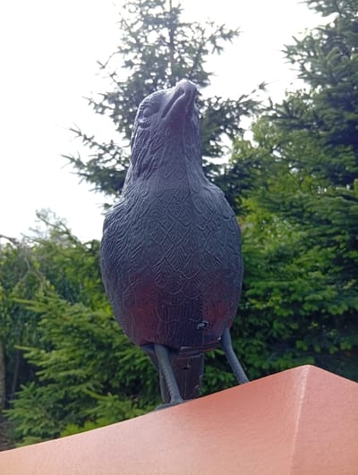 A dark, textured statue of a bird, possibly a crow or raven, stands on a reddish-brown, pyramid-shaped structure. The bird statue is positioned facing upwards, with its beak open and head tilted back. Its body is covered in detailed feather-like etchings. Two grey legs of the statue are visible, gripping the top surface of the pyramid. The background consists of lush green pine trees and a bright, overcast sky. The statue is located in Piechowice, Poland.