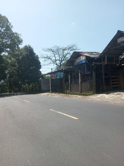 An exterior daylight view captures an empty asphalt road in Beteng_Pangkhar_Somthrang, Bhutan. The road, running from the foreground into the distance, features two yellow dashed lines on its surface. To the left, a dense line of mature trees with dark green foliage borders the road. To the right, a series of structures stand adjacent to the road. The most prominent structure is a building with a weathered, dark-colored roof and a facade featuring horizontal red, white, and blue stripes. This building is fronted by a dark metal gate and concrete pillars. Partially visible advertising posters are affixed to a wall or fence to the left of this striped building. To the right of the striped building is another structure with an exposed wooden frame and a similar dark roof. A sign on this rightmost structure displays the text "PD AS" and "PUTRA JAYA" in white lettering. The sky above is clear and light blue with minimal cloud cover. No individuals or vehicles are present in the scene.
