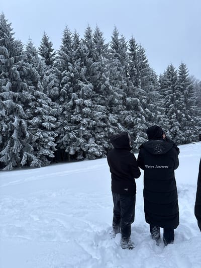 The image captures a winter landscape in Le Hohwald, France. Three individuals, viewed from behind, are positioned in the foreground and midground, standing in deep, undisturbed snow. The individual on the left wears a black hooded jacket and dark pants, with snow accumulated on their lower legs. The central individual wears a long black puffer coat featuring "Klein.jeans" in white text across the upper back, also standing in snow. A third individual is partially visible on the far right. All three appear to be observing the environment. The background consists of a dense, uniform line of evergreen trees heavily coated in snow and frost. The sky above the tree line is overcast and light gray. The ground is entirely covered by a thick layer of white snow.