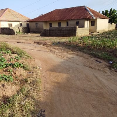 The image shows a rural scene in Mangu, Nigeria, with two houses and a dirt road in the foreground. The house on the left has a light-colored wall and a corrugated metal roof. It has at least two windows with barred coverings. A low wall made of cinder blocks surrounds part of the property. The house on the right is similar in construction, with a light-colored wall and a rusty corrugated metal roof. It also has barred windows and a partial cinder block wall. The dirt road appears to be used by vehicles, as evidenced by tire tracks. On the right side of the road, there are patches of green vegetation, suggesting a cultivated area or wild growth. The overall environment appears dry, with sparse vegetation around the houses. The sky is a pale blue, indicating daylight. No people are visible in the image.