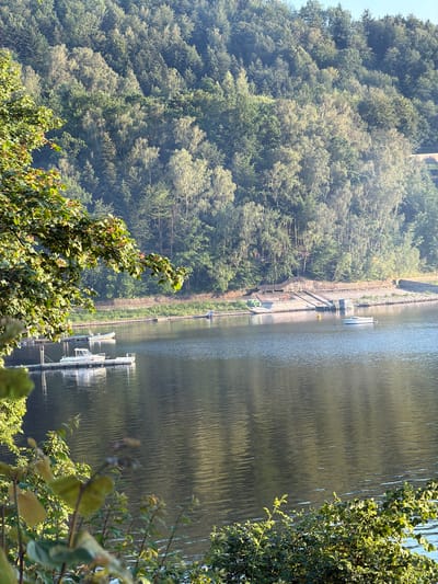 A wide shot captures a serene lake with a lush, forested hillside rising steeply behind it. The water's surface is calm, reflecting the surrounding trees and sky, with gentle ripples disturbing the reflection in some areas. In the foreground, the branches of leafy green trees partially obscure the view, adding depth and framing the scene.
On the lake, several boats are visible. To the left, a white motorboat is docked at a pier, its reflection sharp on the water. Further out, another white boat is moored. Near the shore, a small, light-colored boat is anchored. On the right side of the lake, a single white motorboat is cruising.
The shoreline is lined with a mixture of rocks and vegetation. A concrete structure with ramps extends into the water, suggesting a boat launch or docking area. The hillside is densely covered with a variety of trees, predominantly deciduous with lighter green foliage interspersed with darker evergreens. The sunlight casts a warm glow on the trees, highlighting their textures and the contours of the hillside. The sky above is a pale blue with hints of sunlight. The scene suggests a tranquil day at the Lipie Reservoir, a popular recreational area located in Lipie, Poland.