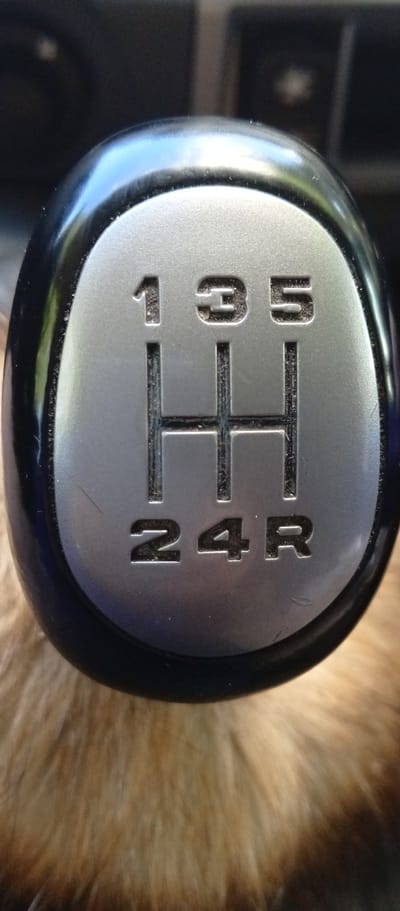 A close-up, overhead shot shows a silver and black gear shift knob from a manual transmission vehicle. The knob is round with a glossy black top and a metallic silver faceplate. The faceplate displays the gear pattern for a 5-speed transmission with reverse. The numbers "1", "3", and "5" are arranged in a top row, with "2" and "4" in a bottom row. The letter "R" for reverse is positioned to the right of the "4". Vertical and horizontal lines delineate the shift pattern. The background consists of blurry, light brown fur, possibly from an animal or upholstery, and a dark, indistinct background. The scene appears to be inside a vehicle, possibly in Лунненскі сельскі Савет, Belarus.