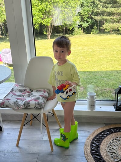 In the city of Alyoshkino Dp, Russia, a young boy stands near a large window overlooking a grassy yard with trees. He is wearing a lime green t-shirt and bright green rain boots with a dinosaur design. In his hands, he holds a colorful toy truck. To his left, a white chair is adorned with a cushion featuring a pink flamingo pattern. The floor is covered in light gray wood-look laminate. A white decorative vase with the word "Flowers" inscribed on it sits on the windowsill, along with a black lantern.