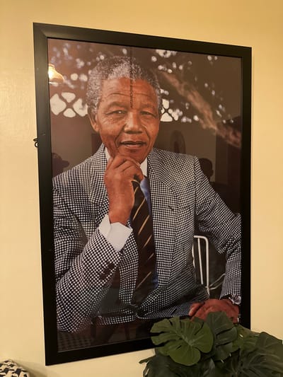 A framed picture hangs on a light yellow wall, slightly tilted clockwise. The picture depicts Nelson Mandela wearing a patterned suit and adjusting his tie. The image has a blurred background with what appears to be bokeh. To the right of the frame, there is a decorative green monstera plant. The frame is black.