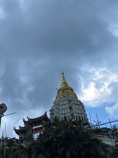 The image captures a low-angle view of the Kek Lok Si Temple in Ayer Itam, Malaysia, under a cloudy sky. The prominent feature is the temple's tiered, white structure with a golden spire, adorned with small statues. To the left, a traditional Chinese archway with ornate roofing is visible. Dense green foliage, including palm trees, obscures parts of the lower structures. Electrical wires crisscross the foreground, and a street lamp is attached to the main temple structure. The overall scene is a blend of religious architecture, natural elements, and man-made infrastructure.