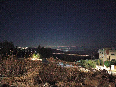 The image depicts a nighttime view from a slightly elevated position, overlooking a city with a scattering of lights. In the foreground, dry, brown vegetation, appearing to be dead thistles or similar plants, fills the lower portion of the frame. Beyond the vegetation, the landscape slopes downwards, revealing the distant city illuminated by numerous lights. A road or highway is visible with a line of streetlights. On the right side of the frame, a multi-story building with visible windows and lights stands. The sky is dark, suggesting nighttime. The location is identified as Umm al-Quṭṭayn, Jordan.