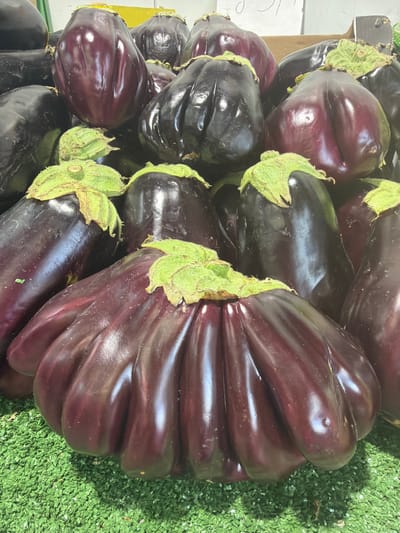 A high-angle, close-up shot shows a pile of eggplants. Most eggplants are dark purple, but a few are a brighter, redder purple. The stems and green caps are visible on the eggplants. The eggplants are arranged on what appears to be fake grass. Some areas show a white surface, and it is not clear if this is part of the display or an actual item on the eggplants. The location appears to be a retail display of fresh vegetables, likely in Kadima-Zoran, Israel.
