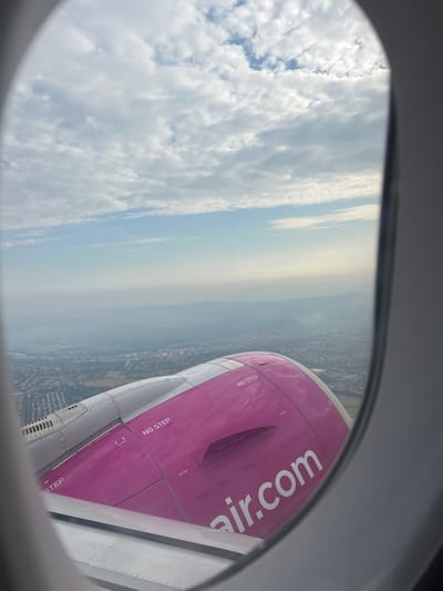 This is a photograph taken from an airplane window, looking out at the cityscape of Echterdingen, Germany. The foreground is dominated by the pink engine cowling of the aircraft, with the airline's logo, "wizzair.com," clearly visible. There are also safety markings such as "NO STEP" and "NO GRAB" on the engine. The middle ground shows a dense urban landscape with buildings and trees, partially obscured by haze. In the background, rolling hills are visible under a sky filled with scattered white clouds. The overall impression is of an aerial view of a German city during daylight.