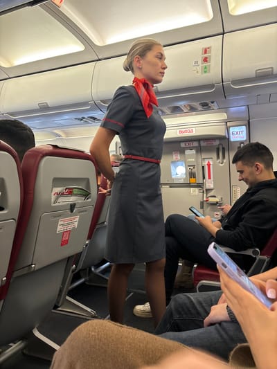 The image depicts an interior view of an airplane cabin, specifically within the city of Novogorelovo, Russia. A female flight attendant stands in the main aisle, positioned in the mid-left area of the frame, facing right. She has blonde hair pulled back in a bun, and wears a short-sleeved grey uniform dress with red trim on the sleeves, a thin red belt, a red patterned neck scarf, white sneakers, and brown hosiery. Her hands are clasped behind her back. To her right, a male passenger is seated in a window seat, wearing a black hooded sweatshirt and dark pants, engrossed in a black smartphone. In the immediate foreground on the right, the hands of another passenger are visible, operating a light-colored smartphone. On the left, the back of a passenger's head and shoulder are visible, seated in a dark red and grey upholstered seat. Overhead compartments with various emergency symbols (e.g., life vest, fire extinguisher, oxygen mask) are visible along the cabin ceiling. An illuminated "ВЫХОД" (Exit) sign, along with "EXIT" and "ОТКРЫТО OPEN" text and an arrow, is visible on a bulkhead behind the flight attendant. The cabin is lit by artificial overhead lighting, and the passenger seats feature literature pockets, one of which displays a QR code and Russian text. No direct interaction between the flight attendant and passengers is depicted.