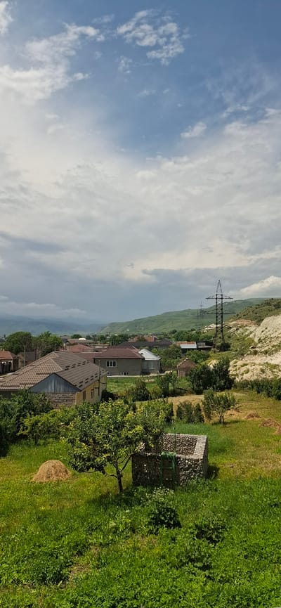 The image depicts a rural landscape, likely in the city of Sayukovo, Russia, under a partly cloudy sky. The foreground is dominated by lush green grass and vegetation, with a small, rocky structure resembling a well in the lower center. To the left of the well, a small tree stands with some hay bales nearby. A cluster of houses with tiled roofs is visible in the mid-ground, surrounded by trees and foliage. In the background, rolling green hills form a natural backdrop, with a prominent power line pylon on the right side of the image, indicating the presence of infrastructure. The overall scene suggests a peaceful, agrarian setting.