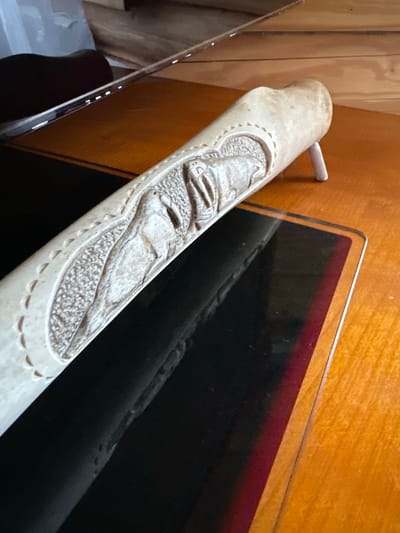 A carved object, possibly made of bone or ivory, rests on a polished wooden surface. The object is cylindrical with an opening at one end and a decorative carving depicting an animal's head, likely a horse, on its side. The carving features intricate details of the mane, face, and textured fur. The object is supported by a small white peg at its open end. The wooden surface appears to be part of a table or desk, with a dark reflective surface, possibly glass, inlaid into it. In the background, wooden planks are visible, suggesting an indoor setting. The lighting is natural and appears to be coming from the left. There are no people present in the image. The scene is static and appears to be an indoor still life. The location is described as Sergeevka, Russia, but there are no visual cues within the image to confirm this specific location.