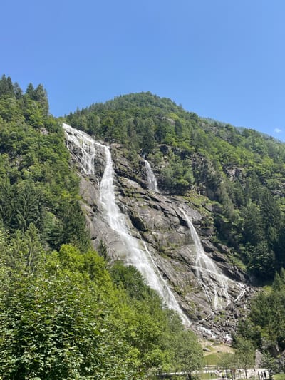 The image displays the Nardis Falls (Cascate di Nardis) located in Val Genova, near Pinzolo and Carisolo, within the broader municipality of Caderzone Terme, Trentino, Italy. Multiple distinct streams of white, cascading water descend vertically over a steep, dark grey, and partially exposed rock face. The surrounding mountain slopes are densely covered with green foliage, including numerous conifers and some deciduous trees. At the base of the waterfall, a rocky talus slope is visible, leading to a flatter foreground area. A light-colored pathway or road extends across the lower portion of the scene, bordered by a pale fence or barrier. Several small human figures are discernible at the base of the falls, near the pathway, indicating an observation point. Some individuals are positioned near bicycles. The sky above is clear and light blue, indicating fair weather conditions.