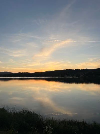 The image captures a scene in Gondarém, Portugal, reflecting an evening sky in a body of water. A dark silhouette of a hill runs vertically through the center. The sky displays hues of blue and yellow, with wispy clouds. The water mirrors these colors. On the right, the foreground is filled with tall grass and wildflowers. A small object floats in the water. The image is oriented sideways.