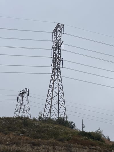 The image depicts a landscape scene dominated by tall, metal lattice-style electricity pylons against a pale, overcast sky. Several high-voltage power lines stretch across the frame, supported by the pylons. In the foreground, on the right side, a steep, overgrown hillside is visible, covered in dry grasses, scrub brush, and scattered white wildflowers. Some trees and denser foliage can be seen further up the slope.
Two large pylons are prominent. The pylon on the left is much closer to the camera and appears to be fully intact, with its complex lattice structure clearly visible. The pylon on the right is smaller and appears to be a section of a pylon or a different, perhaps older or partially dismantled, structure. It is positioned further back and on the hillside. In the middle ground, a smaller pole with some equipment attached is visible against the sky, near the top of the hillside.
The overall impression is one of an industrial landscape integrated with a natural, somewhat arid environment. The weather appears to be overcast, creating a diffused, soft light with no harsh shadows. The time of day is indeterminate due to the flat lighting conditions. There is no visible text in the image. The scene is likely located in a somewhat rural or exurban area, given the presence of both power infrastructure and undeveloped hillside. The lack of any people or specific activity suggests a static, environmental capture.