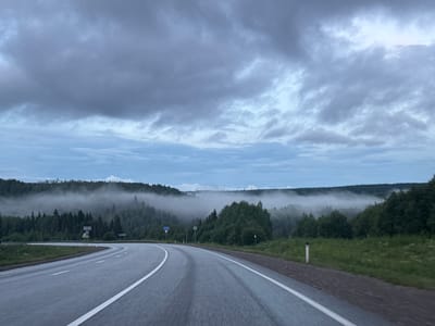 The image depicts a curved asphalt road with white lane markings, viewed from the perspective of a moving vehicle. The road is wet, suggesting recent rain or fog. On the left side of the road, there is a grassy embankment leading to a dense forest of evergreen trees. In the background, rolling hills are covered in a thick layer of mist or fog, obscuring the higher portions of the landscape. The sky is overcast with heavy, dark gray clouds, typical of a cloudy or stormy day. Several road signs are visible along the roadside, including blue and yellow signs. The overall atmosphere is somber and muted, with a focus on the natural landscape and the road infrastructure. The location is identified as Div'ya, Russia.