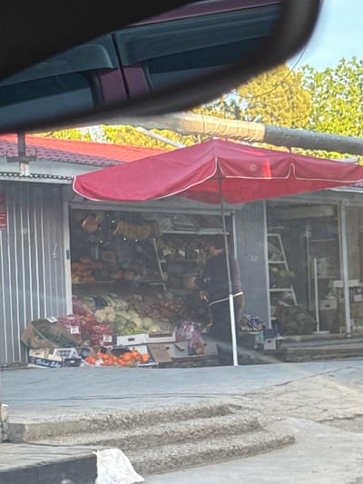 The image, taken from inside a vehicle looking outwards, captures a vibrant roadside fruit and vegetable stall in Gresovsky, Ukraine, during what appears to be a clear, sunny day. On the left, a bright red fabric awning or canopy partially covers the stall entrance. Beyond the awning, lush green foliage of a tree is visible under a blue sky, suggesting good weather.
The stall itself is filled with an abundance of fresh produce, displayed in various crates and bags. Prominently visible are piles of oranges or tangerines, various green vegetables that resemble cabbage or lettuce, and what appear to be onions or potatoes. Small white tags, possibly price labels, are attached to some of the produce bags, with the number "48" discernable on a few. Cardboard boxes are used for display, and the text "Blue Sky" is visible on one of them.
Inside the stall, one person is visible, bending over and appearing to be arranging or tending to the produce. The stall features a metal security shutter, which is partially open, indicating it is operational. To the right of the stall, a rough-textured concrete or stone wall/pavement is visible, adding to the urban or semi-urban street scene. The image offers a glimpse into a daily commercial activity in the specified region.