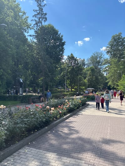 In Otradnoye, Russia, a sun-drenched park features a brick-paved walkway lined with vibrant rose bushes. Several people are strolling along the path, including a woman in a light blue top and jeans, followed by two children in plaid shirts. In the background, a playground with swings and a slide is visible amidst lush greenery and tall trees, with a clear blue sky overhead.