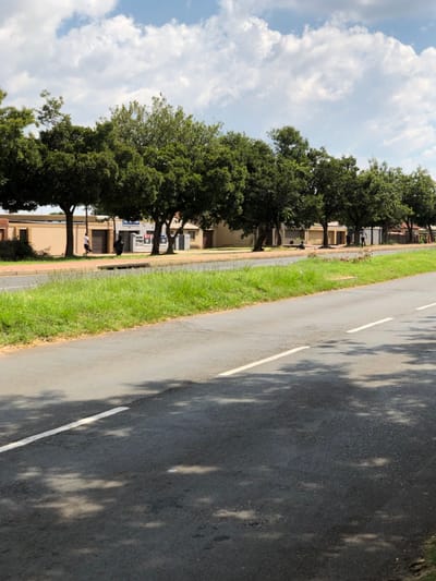 The image displays a street scene in Soweto, South Africa, under a partly cloudy sky with bright sunlight casting shadows. A gray asphalt road occupies the foreground, marked by a solid white line on its right side, with dappled tree shadows covering portions of the surface. A strip of mowed green grass separates the road from a parallel paved sidewalk. Along this sidewalk, a continuous row of mature, full-leafed green trees partially obscures the background structures. Behind the trees, a series of low-rise buildings are visible, including what appear to be commercial establishments with storefronts; one building displays a blue sign partially hidden by foliage. On the sidewalk, a person dressed in a white t-shirt and dark shorts walks from right to left. Further to the right, beneath one of the trees, another individual is seated on the ground. A drainage grate is observable on the sidewalk near the first walking person. A third, more distant pedestrian is also visible walking on the sidewalk to the right.