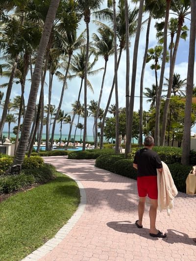 A medium shot shows a man walking along a paved path on a sunny day in Key Biscayne, United States of America. The path, made of pink hexagonal pavers, is bordered by a strip of green lawn and lush shrubbery on one side. The man is wearing a black shirt, red shorts, and black sandals, and he has a light-colored towel draped over his shoulder. He is walking away from the camera, toward a row of tall palm trees that line a pool and the ocean. The palm trees are tall and slender, with feathery green fronds. Beyond the trees, the turquoise water of the ocean stretches to the horizon. In the distance, people can be seen lounging by the pool. The sky is partly cloudy, with patches of blue visible between the clouds.