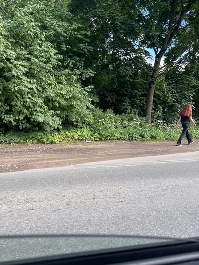 A person with long, reddish hair walks along a dirt path next to a paved road. They are wearing black pants and black shoes with white soles. The person is angled away from the camera, walking towards the left of the frame. The setting is outdoors, with dense green foliage on the left side of the path, including large trees and smaller bushes with white flowers. The road is on the right side of the path, with a grey, speckled asphalt surface. A dark object, possibly the side of a vehicle, is visible on the far right edge of the frame. The lighting suggests it is daytime, likely late morning or early afternoon, with the sun filtering through the trees. The scene appears to be in a rural or semi-rural area, possibly a park or a roadside with natural vegetation. No text is visible in the image. The overall impression is one of a casual walk in a natural environment.