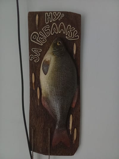 A wooden wall plaque featuring a carved fish is displayed on a plain, light-colored wall. The plaque itself is a rectangular piece of dark wood with a textured, bark-like surface. A relief carving of a fish, detailed with scales and fins, occupies the central and lower portion of the plaque. Above the fish, in carved Cyrillic letters, are the words "НУ РЫБАКИ" which translates to "WELL, FISHERMEN". The letters are outlined in a lighter color, contrasting with the dark wood of the plaque. The plaque is mounted vertically. A thin black cord is visible hanging down on the left side of the image, partially obscuring the left edge of the plaque. Three small, elongated wooden pegs or decorative elements are carved into the plaque to the left and right of the fish. The lighting is even, suggesting an indoor setting. No people are present in the image. The location in Altai, Kazakhstan cannot be determined from the image alone.