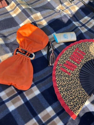 An overhead, close-up shot shows a picnic blanket with various items for a day out in the sun. The blanket has a plaid pattern of navy blue, tan, and white. On the left side of the image is an orange bikini top with a large silver safety pin holding the two cups together. Next to it, slightly to the right, is a bottle of Anessa sunscreen with SPF 50. To the right of the sunscreen is a pair of sunglasses with dark lenses and thin metal frames. The largest object in the image, occupying the right side, is a black folding fan with a leopard print fabric section and a red trim. The leopard print section has the word "HOT" printed in large red letters. The lighting suggests it is daytime, and there is a shadow cast by the bikini top, indicating sunlight. This scene is positioned on a picnic blanket in the city of Ust'ye, Russia.