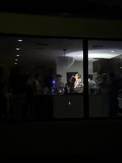 The image shows a dimly lit interior scene, likely a gathering or party, viewed through a window. Several people are visible, including an individual wearing a patterned shirt who appears to be speaking or gesturing. A large, decorative light fixture resembling a cloud is present. The exterior is very dark, with only a few faint lights visible. The location is Lely, United States of America.