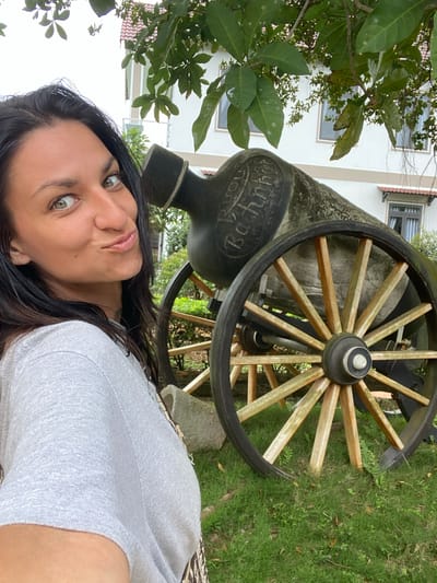 A person is taking a selfie outdoors. The person has dark hair and is wearing a light gray shirt. In the background, there is a part of a building with windows and a tiled roof, some green foliage, and a cannon with a wooden wheel. The cannon has text visible on it that appears to say "Bachhonn" or "Buchannon". The setting appears to be a sunny day. The person's expression is relaxed. The orientation of the image is vertical.