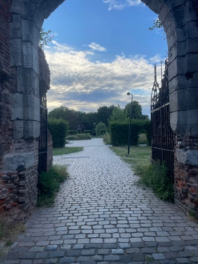 This is an eye-level, portrait-oriented photo taken from within an old stone and brick archway, looking outwards. The archway frames a paved cobblestone pathway that leads away from the viewer into a park-like setting. The pathway is on the right side of the image, and it's a lighter gray cobblestone. To the left of the pathway, there is a grassy area with trees and bushes. A dark-colored lamppost stands in the middle ground, on the edge of the grass. The sky above is a bright blue with scattered white, wispy clouds. The sun appears to be low in the sky, casting a warm light.
The archway itself is made of rough-hewn stone blocks at the top and sides, with exposed red brickwork visible beneath some of the stone. A black metal gate is visible behind the archway, suggesting it might be an entrance to a garden or park. Green foliage, likely from trees or bushes, is growing in and around the archway and along the edges of the pathway. The overall mood is peaceful and serene, with a hint of historical significance due to the aged architecture.
The scene appears to be set in Weert, Netherlands, likely during the late afternoon or early evening, given the quality of light. The weather is pleasant, with clear skies and some clouds. There are no people visible in the image. No text is discernible in the photograph.