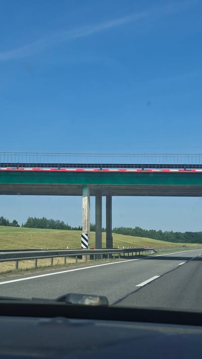 The image captures a view from a vehicle driving on a highway under a clear blue sky. An overpass, painted green with red and white safety markings, stretches across the frame supported by concrete pillars. The terrain around the highway consists of rolling green hills and scattered trees. Highway barriers and lane markings are visible on the road. There are no people or animals visible in the scene. The location is identified as Navadvyorski Sel'ski Savet, Belarus.