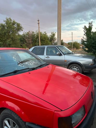 The image displays a close-up of the front of a red car, partially obscuring a silver car parked next to it. The red car's hood and headlight are visible. White text, "CHECK FX", is applied to the windshield of the red car. The scene appears to be outdoors, with trees and power lines in the background, suggesting a rural or suburban setting. The sky is cloudy, indicating overcast weather, and the lighting suggests it might be late afternoon or early evening. The overall impression is one of a still, everyday scene, perhaps in Rakhinka, Russia, given the provided location context. There are no people visible in the image.