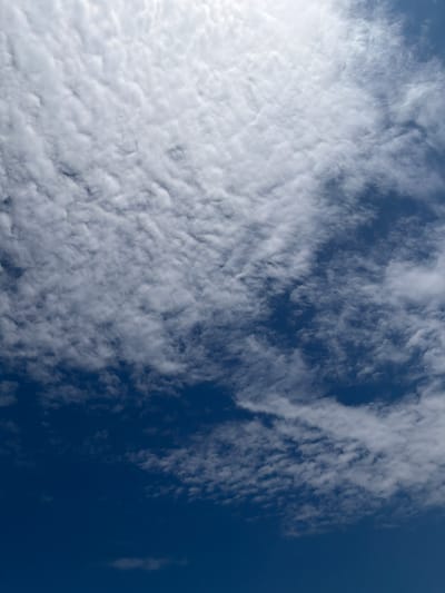 The image shows a cloudscape with a dark blue sky. The clouds are white and fluffy, with a textured appearance. They are concentrated in the upper and middle portions of the frame, with the bottom part of the image dominated by the clear sky. The lighting suggests it is daytime, with sunlight illuminating the clouds from above and to the right. There are no people, structures, or any discernible landmarks to indicate a specific location within Kalyvia, Greece. The scene is purely natural, focusing on the atmospheric conditions.