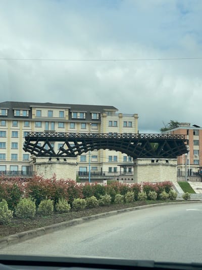 The image displays an urban landscape featuring a large, dark, intricately latticed metal structure that curves through the middle ground. This structure, which resembles a segment of Trajan's Bridge, stands prominently in front of several light-colored, multi-story buildings with numerous rectangular windows and some balconies.
In the foreground, a paved asphalt road runs along the right side of the scene, bordered by a concrete curb. Adjacent to the curb is a landscaped strip of ground planted with rows of green and reddish-leafed bushes. The upper portion of the image is dominated by a cloudy, light-gray sky, traversed by a thin, barely visible wire or cable.
The scene depicts a daytime setting under an overcast sky. There are no people visible, and no specific activities are taking place. No text is discernible within the frame. The architecture and the distinctive metal structure are consistent with an urban environment, specifically suggesting Drobeta-Turnu Severin, Romania, given the historical significance of Trajan's Bridge in that region.