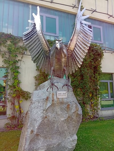 The photograph captures a large metal sculpture of an eagle with spread wings, perched atop a boulder. The eagle is depicted with a crown on its head and prominent talons gripping the rock. A plaque is affixed to the boulder, displaying the dates "1918 - 2018" and Polish text that translates to "In the 100th anniversary of regaining independence, residents of the Długołęka Municipality."
The sculpture is situated outdoors, in front of a building with a facade featuring large windows with translucent panelling and a cream-colored wall. Green ivy vines are growing on the wall and around the base of the sculpture. The ground in front of the boulder is covered in green grass, interspersed with small white flowers. The scene appears to be well-maintained, suggesting a public space or memorial. The lighting indicates it is daytime, with soft shadows.