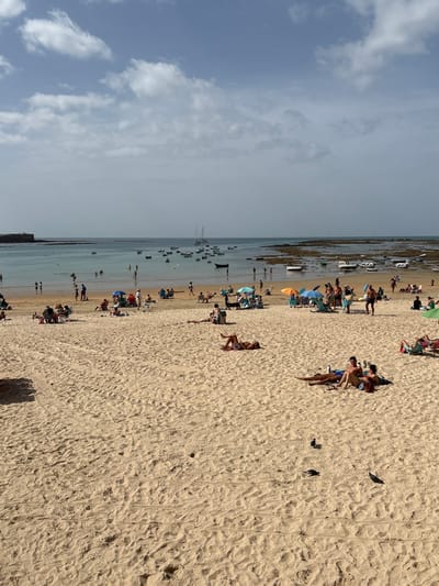 The image depicts a moderately crowded beach scene at La Caleta beach in Cádiz, Spain, under a partly cloudy sky. The horizon separates a light blue sky with scattered white clouds from the calm, grey-blue waters of the bay.

In the bay, approximately 30-40 small boats, predominantly white and light-colored, are anchored. A prominent two-masted sailboat is positioned further out in the center-left. On the far left, a low-lying stone structure, consistent with the Castillo de San Sebastián, extends into the water. The right side of the bay features a rocky shoreline with several small boats partially beached on the rocks.

The foreground and midground comprise a wide expanse of light tan, fine-grained sand, marked by numerous footprints. Approximately 50-70 individuals are scattered across the beach and in the shallow water. On the sand, people are engaged in leisure activities: many are lying on towels or directly on the sand, sunbathing, such as a woman in a dark patterned bikini lying prone on a beige towel in the mid-left. In the mid-right foreground, a couple lies on their backs; the man wears blue swim shorts, and the woman dark swimwear, with a white bottle positioned nearby. Other individuals and small groups are seated, some under colorful beach umbrellas (blue, orange, green). Beach chairs and personal belongings are visible near these groups. Closer to the waterline, several individuals are wading or swimming in the shallow water. Some people are standing or walking along the shore.

Three dark-colored pigeons are present on the sand in the mid-right foreground. The scene is illuminated by natural daylight, casting soft shadows, indicating a partly cloudy day.