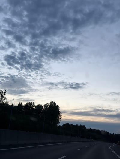 This image, taken in Kerro Massiv, Russia, captures a dramatic highway scene at dusk or early evening. The perspective appears to be from a vehicle on the road, looking towards the right side of the highway and a vast, cloud-filled sky.
The sky dominates the upper and left portions of the frame, showcasing a diverse cloudscape. On the left, dense, dark grey, textured clouds create a heavy, brooding atmosphere. As the eye moves right and upwards, the clouds become lighter, transitioning into streaky white and pale yellow formations, indicating the presence of the setting sun, which casts soft light on the horizon.
On the right side of the image, a multi-lane asphalt highway is visible, gently curving into the distance. It is marked with clear white dashed and solid lines. A robust grey concrete barrier separates the highway from a dense line of dark, silhouetted trees that border the road. A few dark poles, possibly utility poles or streetlights, can be seen within the treeline and alongside the barrier. Faint lights from distant vehicles are discernible on the highway. No visible text is present in the image. The scene conveys a sense of travel amidst natural elements under a dynamic, cloudy sky.