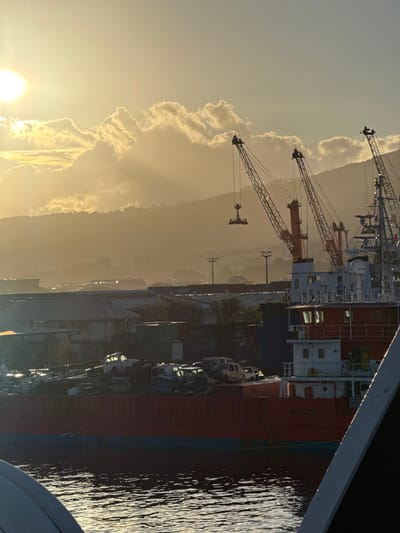 The image depicts an industrial port scene in Papeete, French Polynesia, illuminated by a low, golden sun positioned in the upper left. Distant, hazy mountains rise in the background beneath a sky with scattered clouds and visible sunbeams. Multiple large port cranes are present in the midground; one prominent crane centrally located has a container spreader bar suspended. A red-hulled cargo vessel, featuring a blue waterline stripe, is moored in the foreground water. Its deck is densely covered with numerous crushed and dismantled vehicle bodies and several stacked shipping containers. The vessel's white superstructure is visible to the right, adjacent to additional crane structures. Industrial buildings and utility poles are observable between the moored vessel and the distant mountains. The water surface in the immediate foreground reflects the ambient golden light, with a dark, opaque, angled structure partially obscuring the lower right. No individuals are discernible.