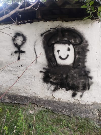 The image shows a textured, off-white wall with spray-painted graffiti. To the left, a black spray-painted symbol resembling the Venus symbol is visible. To the right, a crude, black spray-painted smiley face is depicted within a larger, amorphous shape. The wall is cracked and appears weathered, with dark staining near the base. A portion of a dilapidated roof structure is visible at the top of the frame, with branches and green foliage encroaching from the top and left. The foreground consists of dry grass and thin, thorny branches. The scene is outdoors, suggesting an abandoned or neglected area. The provided context places this scene in the city of Kabanbay, Kazakhstan.