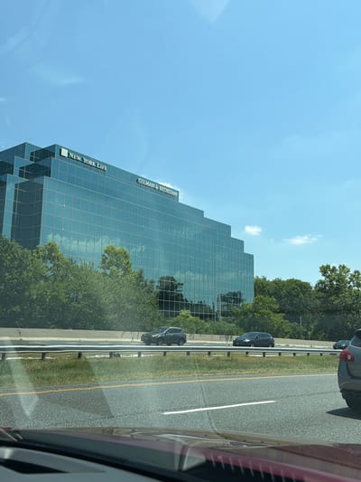 A modern, glass-paneled office building with the logos "NEW YORK LIFE" and "GILMAN & BEDIGIAN" is visible against a clear blue sky with scattered clouds. The building features a stepped architectural design. In front of the building, a line of lush green trees forms a natural barrier. A highway runs in the foreground, with several cars driving on it. The perspective suggests the image was taken from another vehicle on the highway. The location is identified as Timonium, United States of America.
