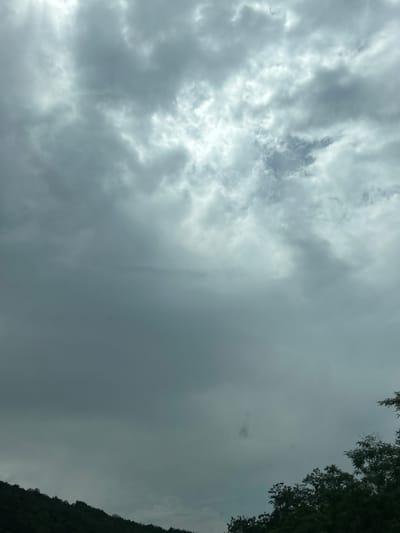 The image displays an overcast sky over Gorno Varshilo, Bulgaria. The upper two-thirds of the frame are filled with a dense formation of grey clouds, exhibiting variations in shade from dark leaden grey to lighter, brighter grey areas where diffuse light penetrates. The lower third of the image reveals the dark, silhouetted outlines of tree-covered terrain, likely hills or mountains, rising from the bottom edge and extending upwards into the lower corners. No individuals, animals, specific objects, or discernible human activity are present in the scene.
