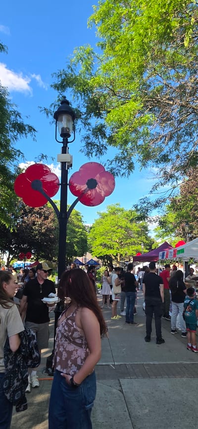 The image depicts a sunny outdoor market scene, likely in Pickering, Canada, as indicated by the presence of large red poppy decorations on a lamppost, a common Remembrance Day symbol. The foreground features several individuals, including a woman in a floral halter top and denim pants and a man wearing a black polo shirt and a baseball cap, who is holding a white container.
In the background, a lively market atmosphere is evident with numerous people browsing stalls under tents. The tents are of various colors, including purple and white, and some are adorned with flags. Trees with vibrant green foliage frame the scene, and a bright blue sky with scattered clouds overhead suggests pleasant weather. The ground appears to be paved with stones and concrete. The overall impression is one of a community gathering or festival.