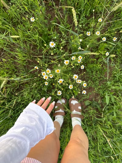 This is a high-angle, full-body shot of a person standing in a grassy field with daisies. The person is wearing a white long-sleeved shirt, pink and white striped shorts, white socks, and brown sandals with white straps. The person's left hand is visible in the lower left corner of the frame, with painted fingernails. The field is lush with green grass and scattered white daisies with yellow centers. Some wheat stalks are also visible. The ground beneath the grass appears to be dark soil. The scene is likely outdoors in a natural setting, possibly a field or meadow, which could be found in or around the city of Сновицы, Russia, given the presence of wild flora.