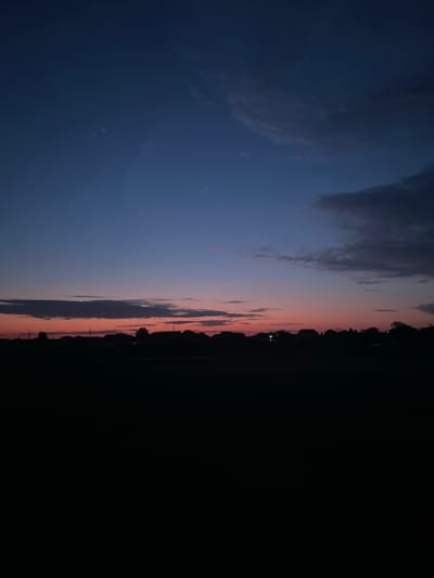 The image depicts a twilight scene over a residential area, likely in or near the city of Ilyinka, Russia. The sky transitions from a deep blue at the top to hues of pink and orange near the horizon, indicating sunset or sunrise. Several silhouetted houses with distinct rooflines are visible along the horizon, interspersed with trees. A dark, silhouetted foreground suggests a field or open space. The overall atmosphere is serene and quiet.