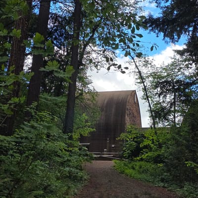 The image shows a view of the Oregon Zoo's Elephant Lands exhibit in Portland, Oregon, as seen from a dirt path surrounded by trees and foliage. The curved, wooden roof of the barn-like structure of the exhibit is visible through the greenery. A metal railing spans across the path, suggesting an entrance or boundary. The sky above is a mix of blue with scattered white clouds. The vegetation is dense and lush, typical of the Pacific Northwest's climate.